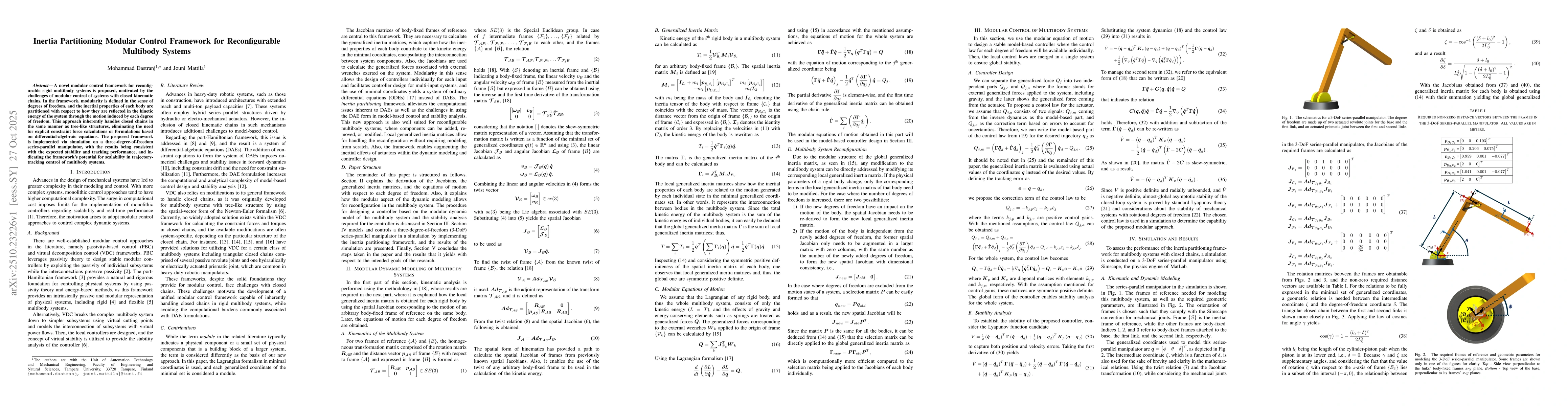 Thumbnail for Inertia Partitioning Modular Control Framework for Reconfigurable
  Multibody Systems