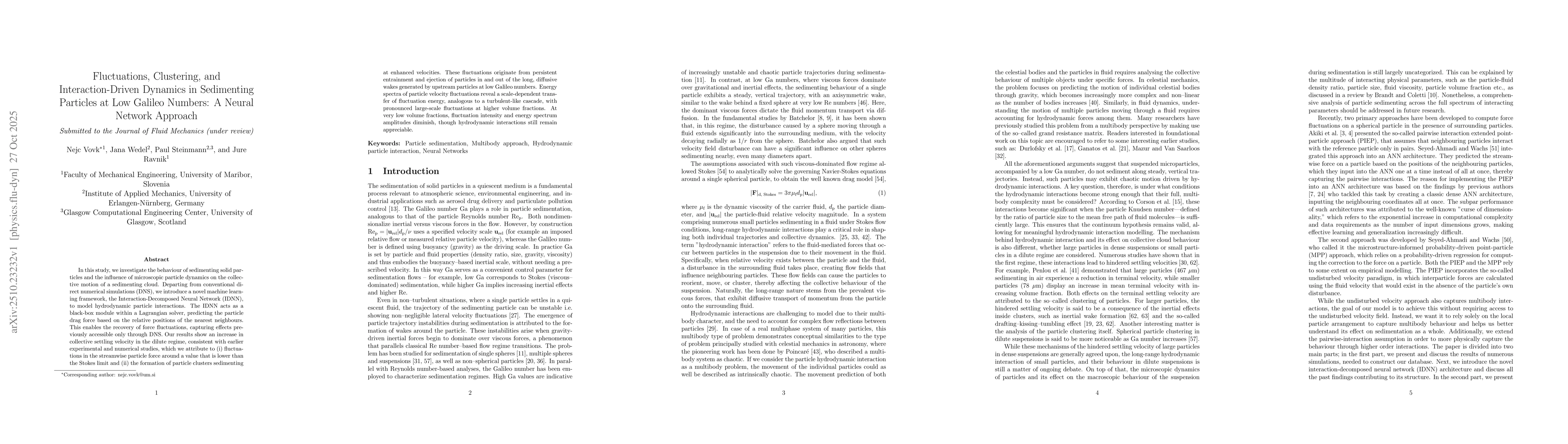Thumbnail for Fluctuations, Clustering, and Interaction-Driven Dynamics in Sedimenting
  Particles at Low Galileo Numbers: A Neural Network Approach