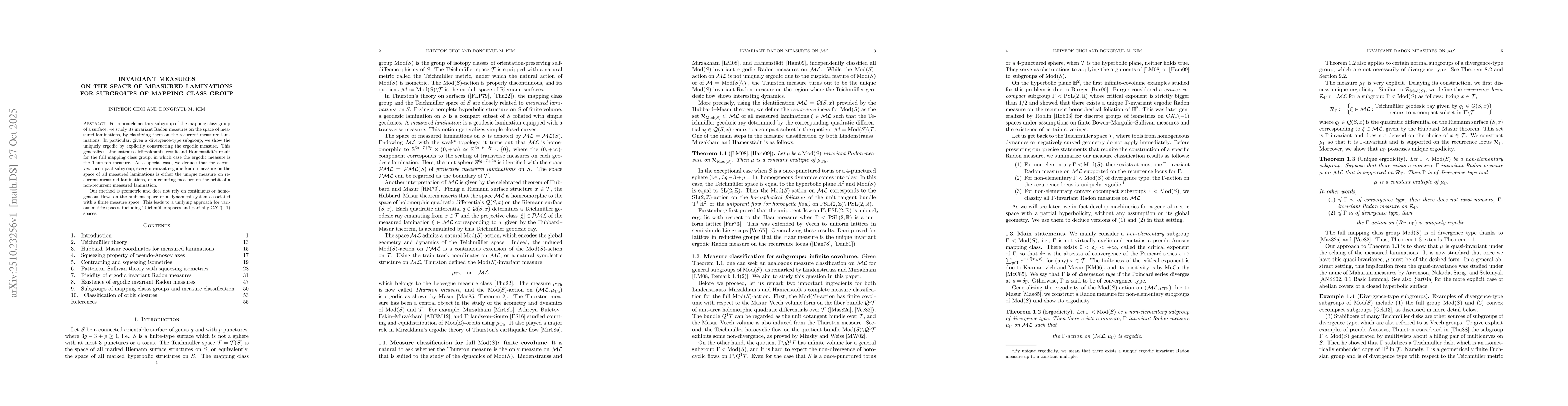 Thumbnail for Invariant measures on the space of measured laminations for subgroups of
  mapping class group