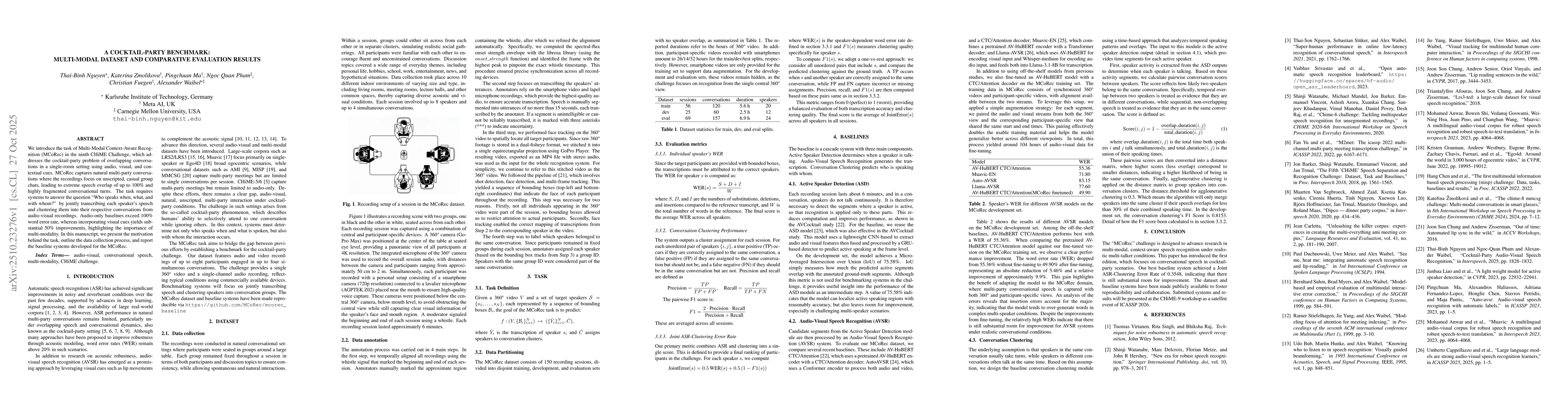 Thumbnail for A Cocktail-Party Benchmark: Multi-Modal dataset and Comparative
  Evaluation Results