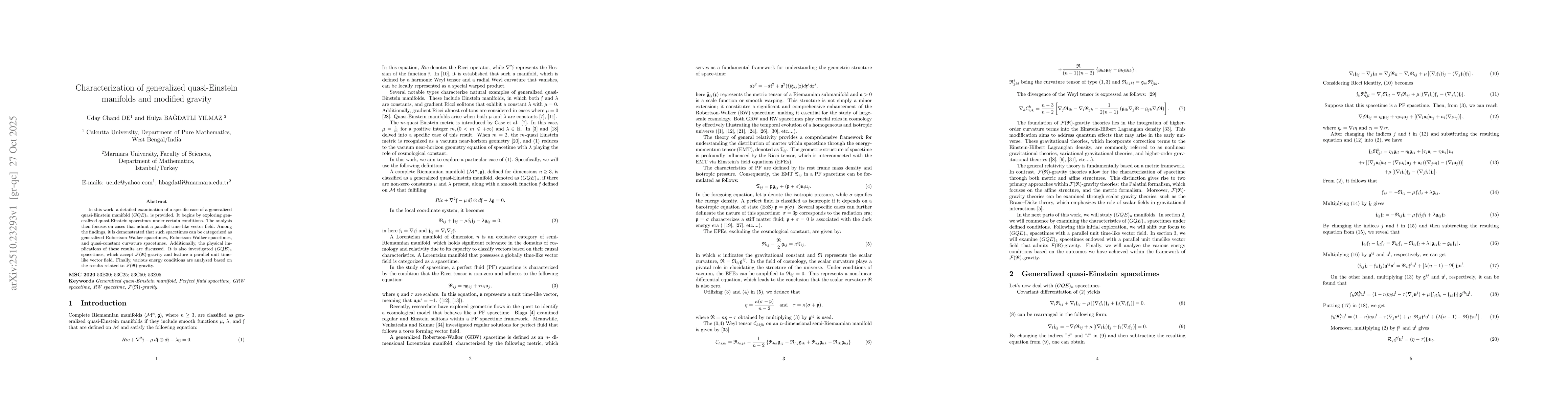 Thumbnail for Characterization of generalized quasi-Einstein manifolds and modified
  gravity