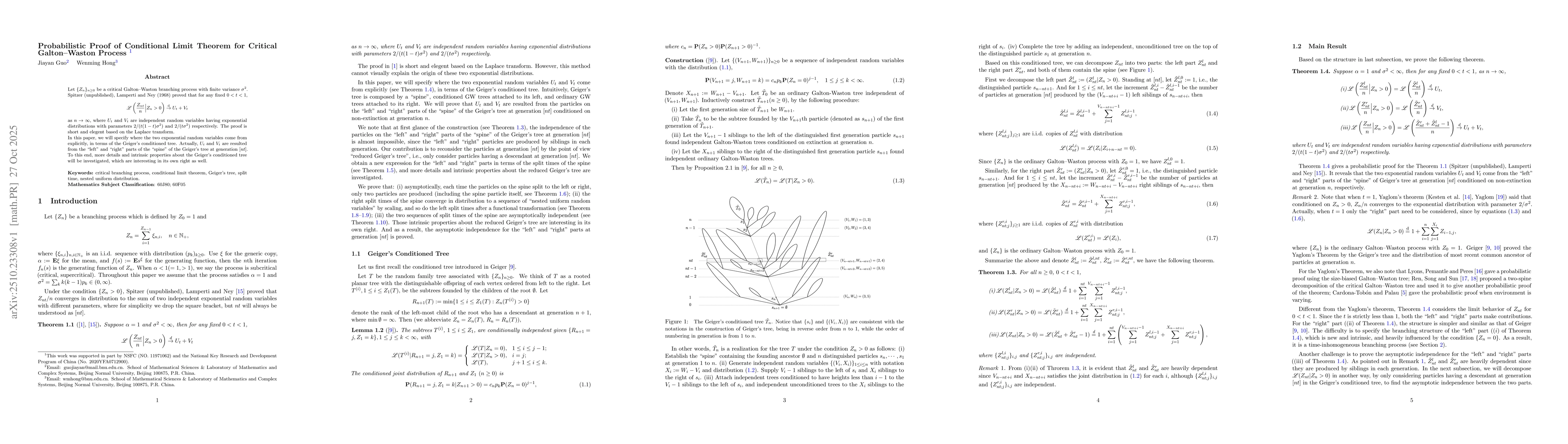 Thumbnail for Probabilistic Proof of Conditional Limit Theorem for Critical
  Galton--Waston Process