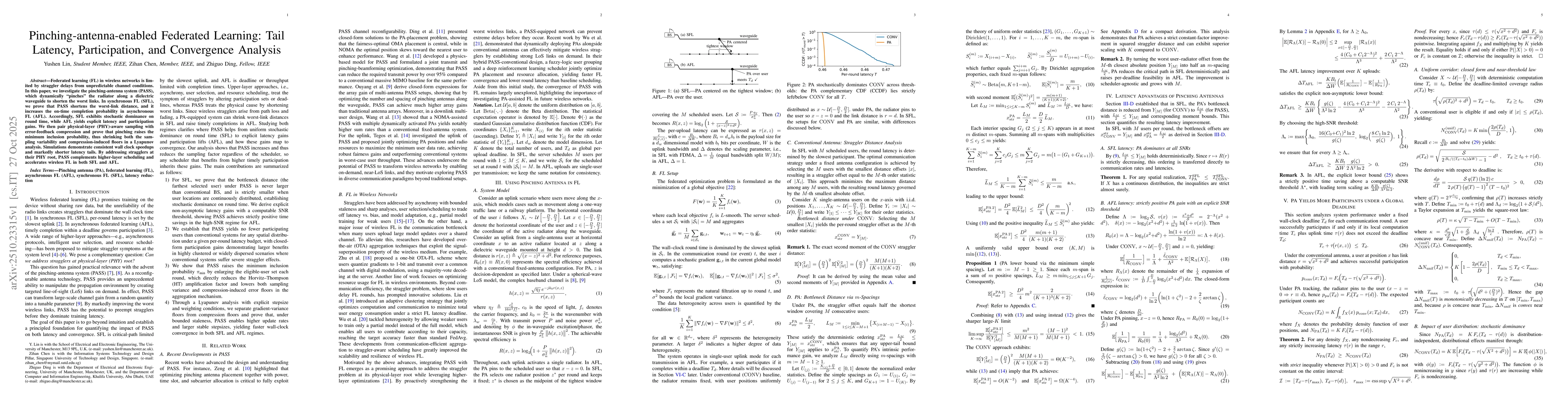 Thumbnail for Pinching-antenna-enabled Federated Learning: Tail Latency,
  Participation, and Convergence Analysis