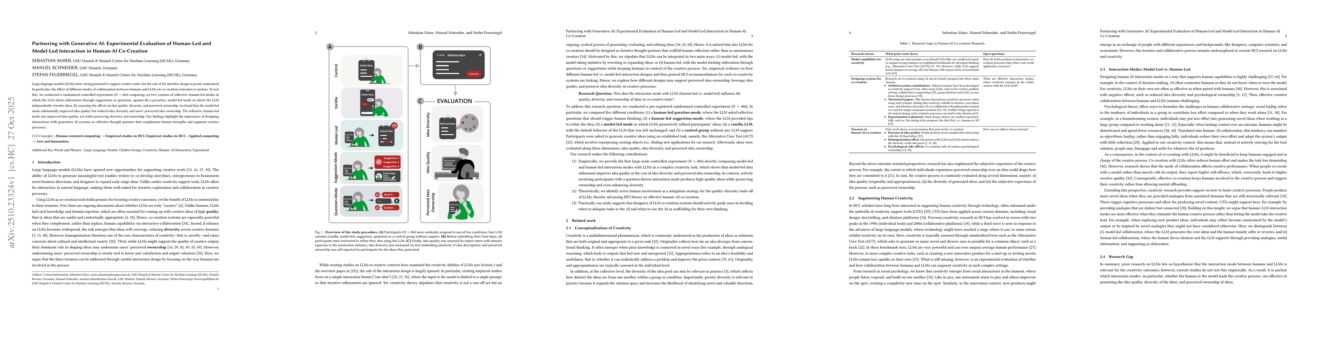 Thumbnail for Partnering with Generative AI: Experimental Evaluation of Human-Led and
  Model-Led Interaction in Human-AI Co-Creation