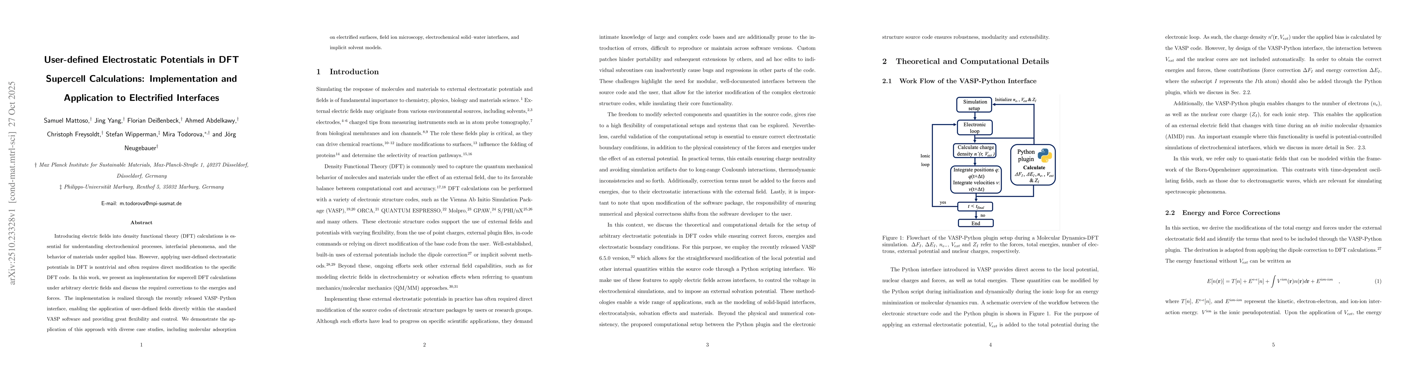 Thumbnail for User-defined Electrostatic Potentials in DFT Supercell Calculations:
  Implementation and Application to Electrified Interfaces