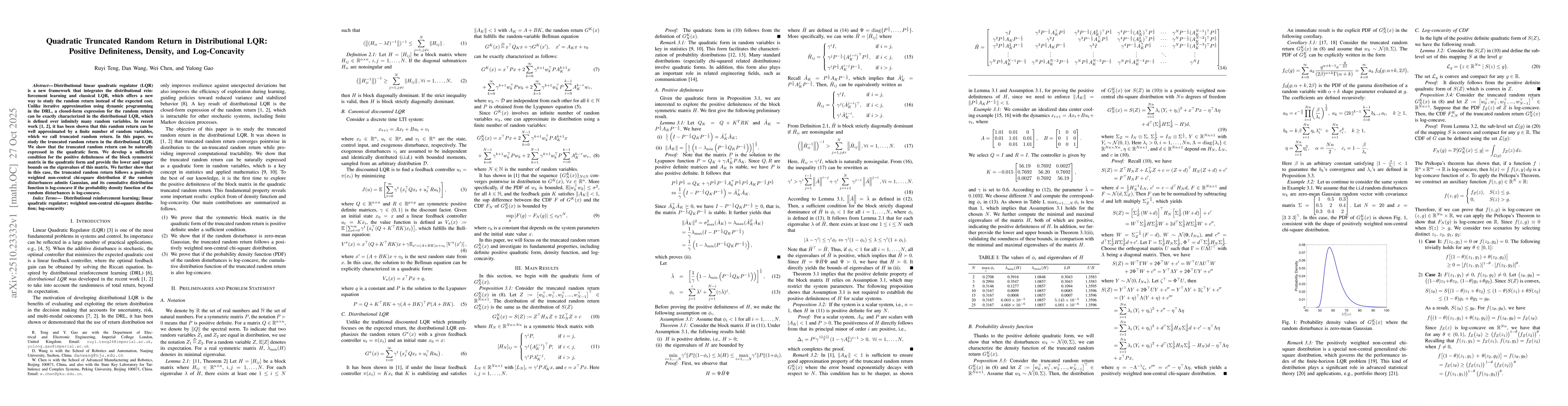 Thumbnail for Quadratic Truncated Random Return in Distributional LQR: Positive
  Definiteness, Density, and Log-Concavity