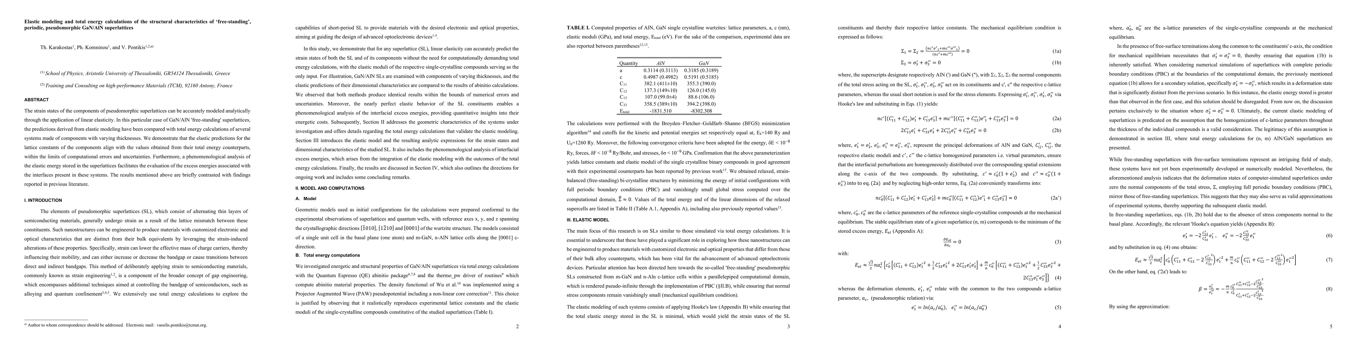Thumbnail for Elastic modeling and total energy calculations of the structural
  characteristics of "free-standing",periodic, pseudomorphic GaN/AlN
  superlattices