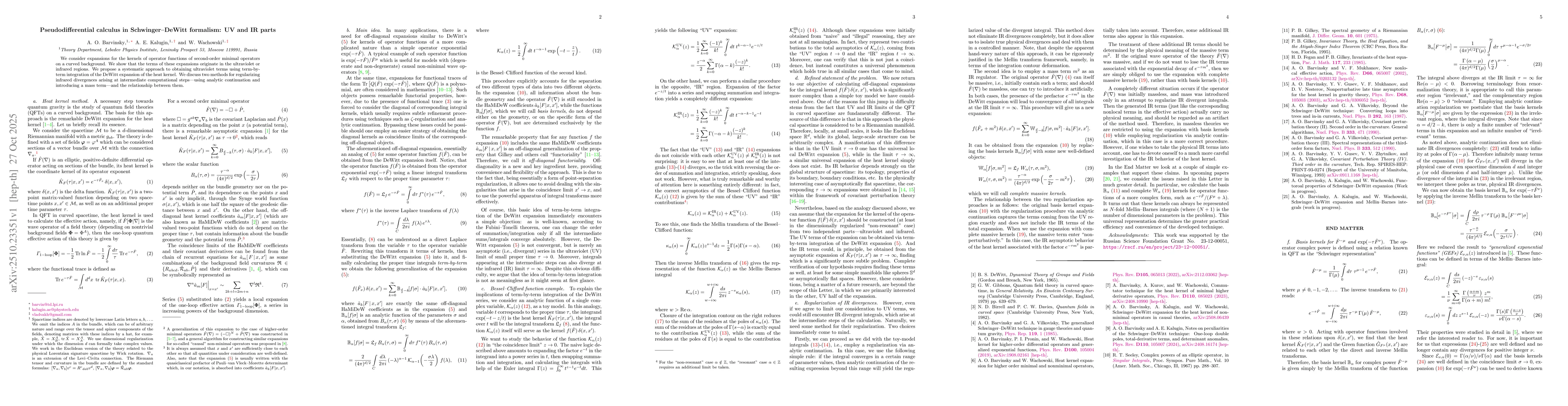 Thumbnail for Pseudodifferential calculus in Schwinger--DeWitt formalism: UV and IR
  parts