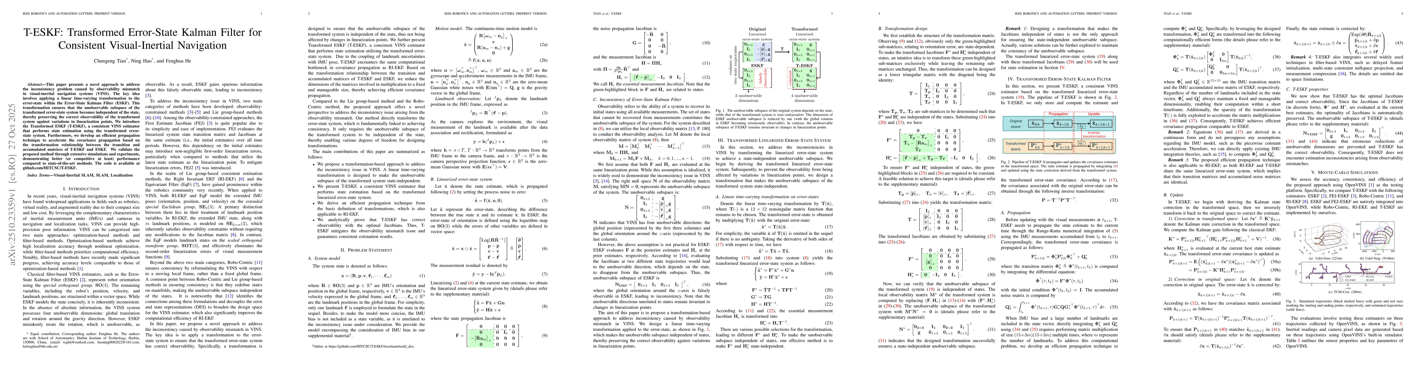 Thumbnail for T-ESKF: Transformed Error-State Kalman Filter for Consistent
  Visual-Inertial Navigation