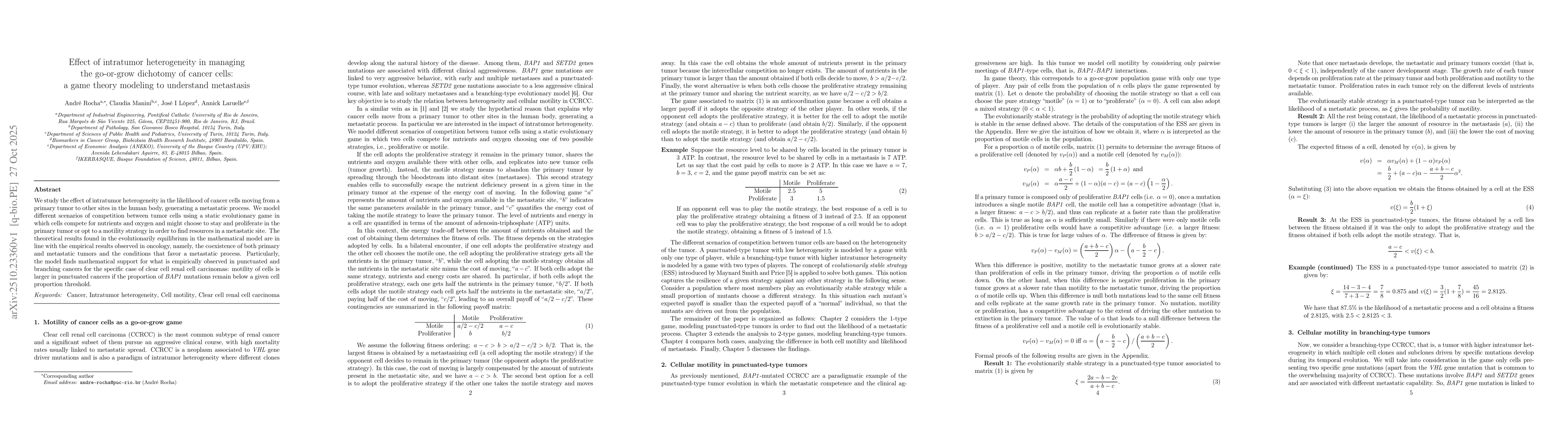 Thumbnail for Effect of intratumor heterogeneity in managing the go-or-grow dichotomy
  of cancer cells: a game theory modeling to understand metastasis