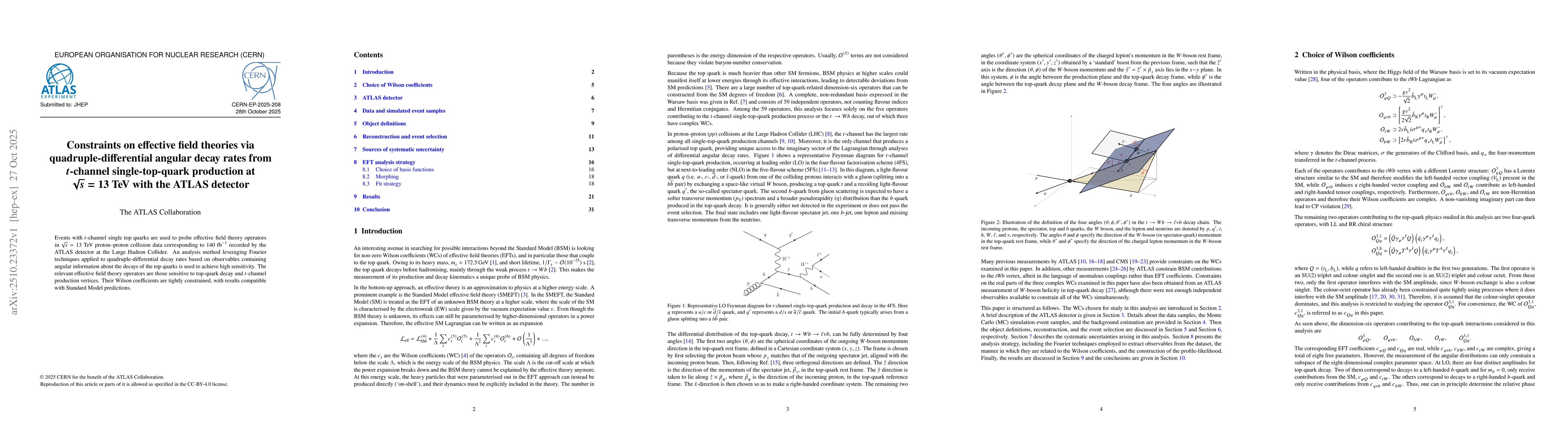 Thumbnail for Constraints on effective field theories via quadruple-differential
  angular decay rates from $t$-channel single-top-quark production at
  $\sqrt{s}=13$ TeV with the ATLAS detector