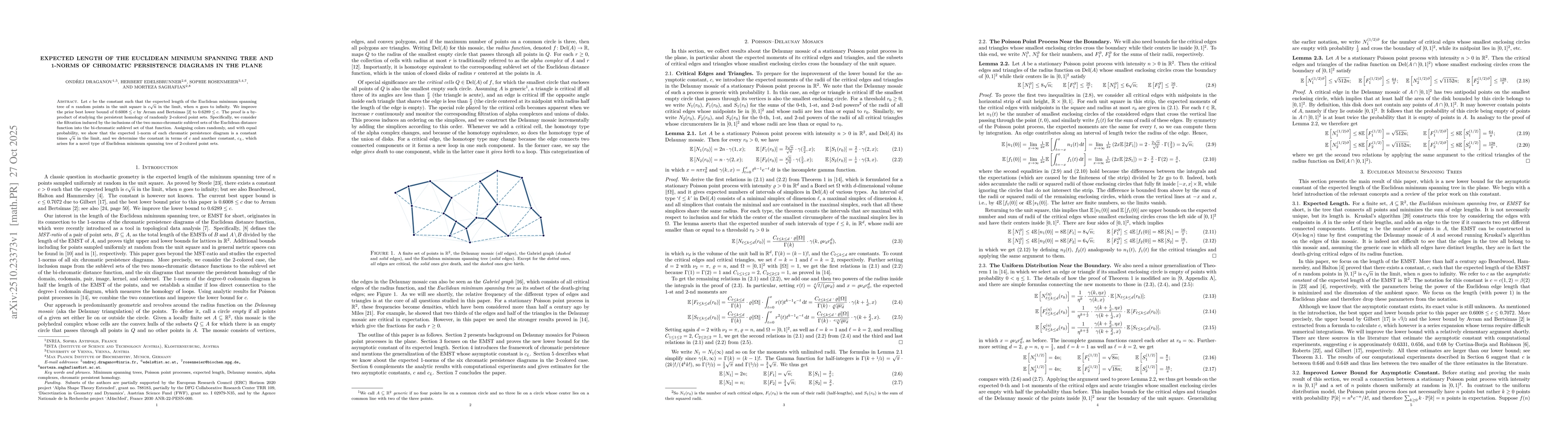 Thumbnail for Expected Length of the Euclidean Minimum Spanning Tree and 1-norms of
  Chromatic Persistence Diagrams in the Plane