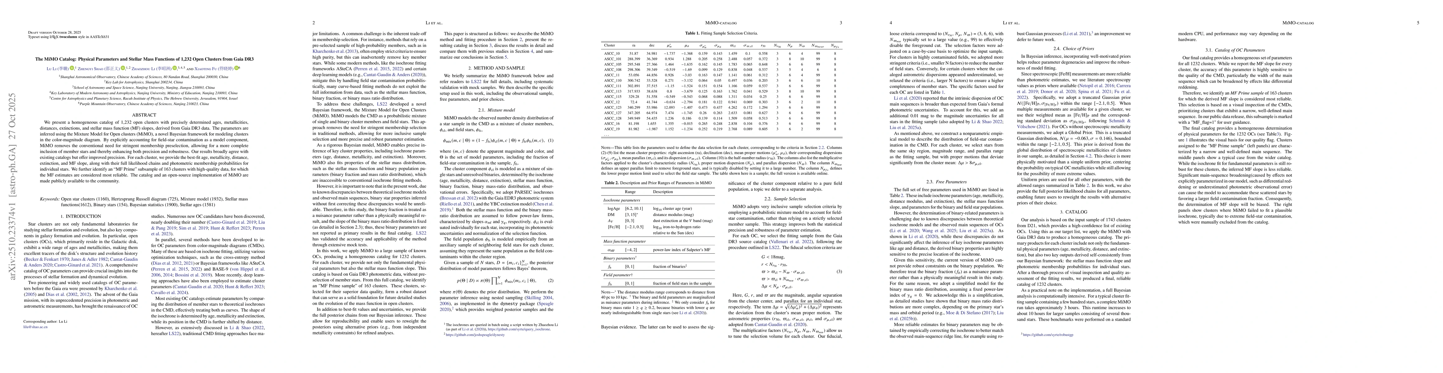 Thumbnail for The MiMO Catalog: Physical Parameters and Stellar Mass Functions of
  1,232 Open Clusters from Gaia DR3