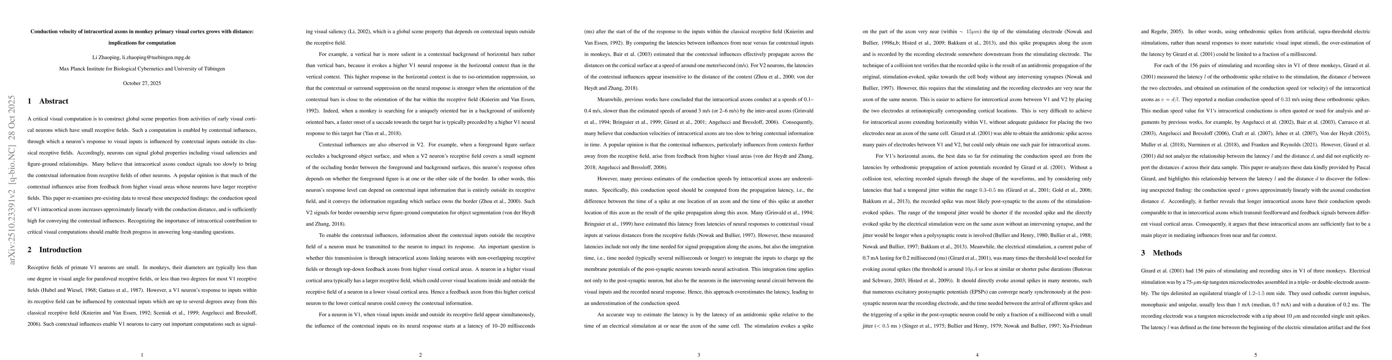 Thumbnail for Conduction velocity of intracortical axons in monkey primary visual
  cortex grows with distance: implications for computation