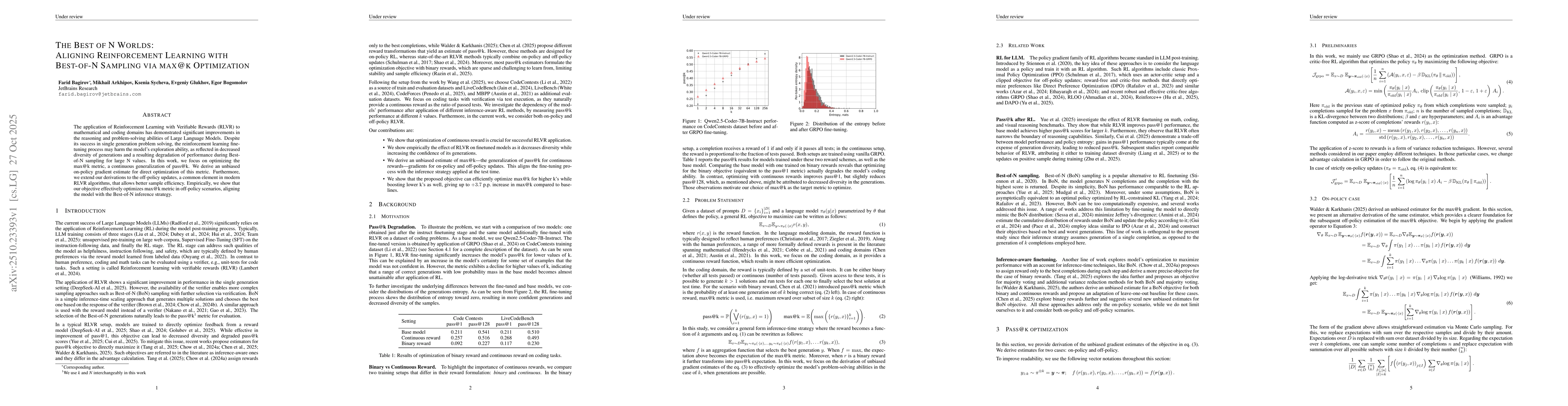 Thumbnail for The Best of N Worlds: Aligning Reinforcement Learning with Best-of-N
  Sampling via max@k Optimisation