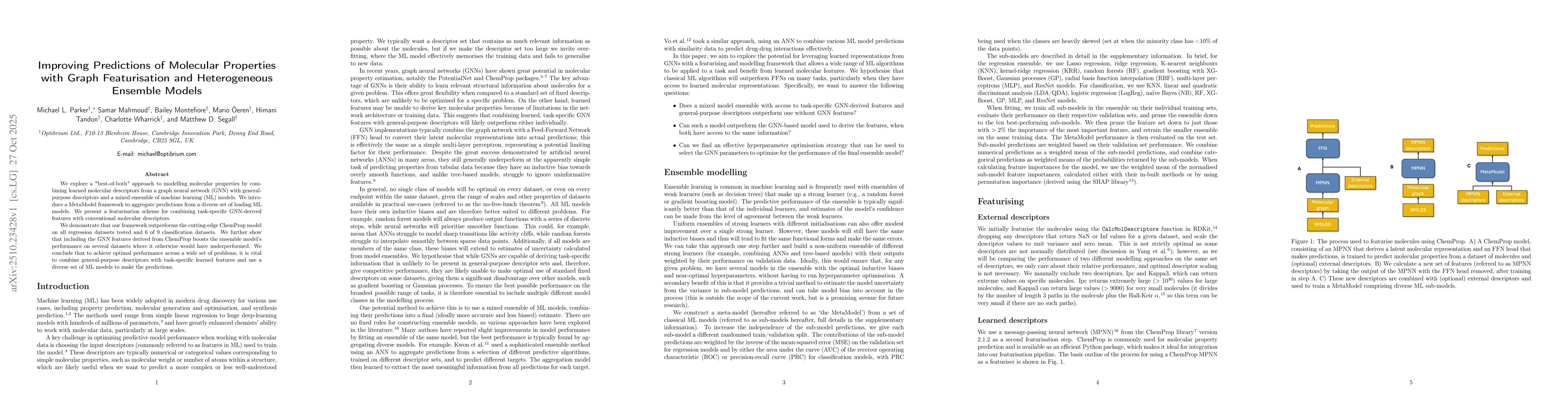 Thumbnail for Improving Predictions of Molecular Properties with Graph Featurisation
  and Heterogeneous Ensemble Models