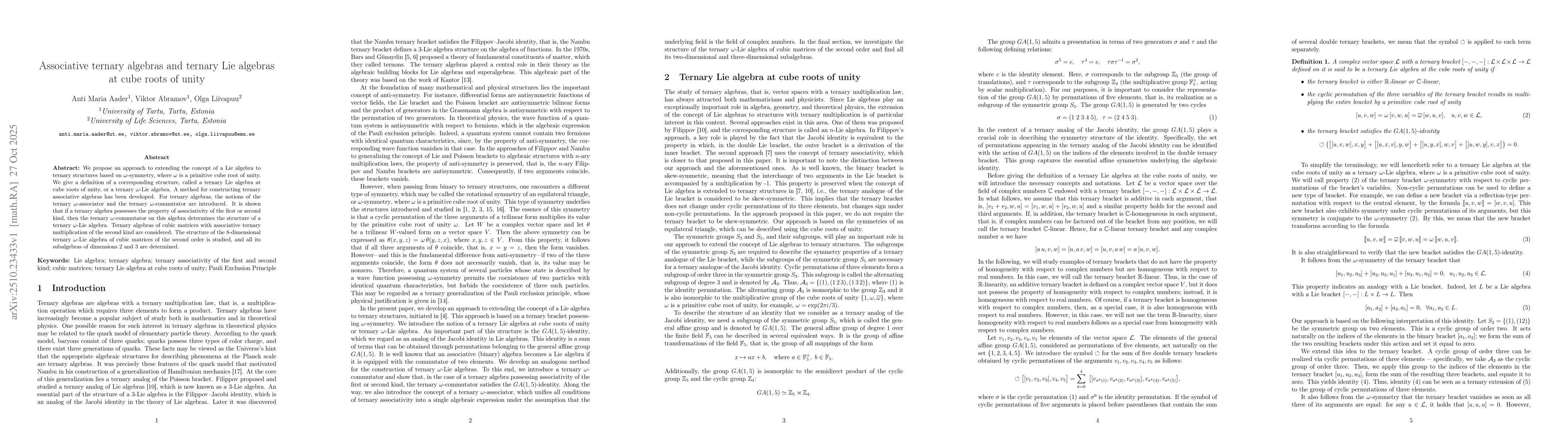 Thumbnail for Associative ternary algebras and ternary Lie algebras at cube roots of
  unity