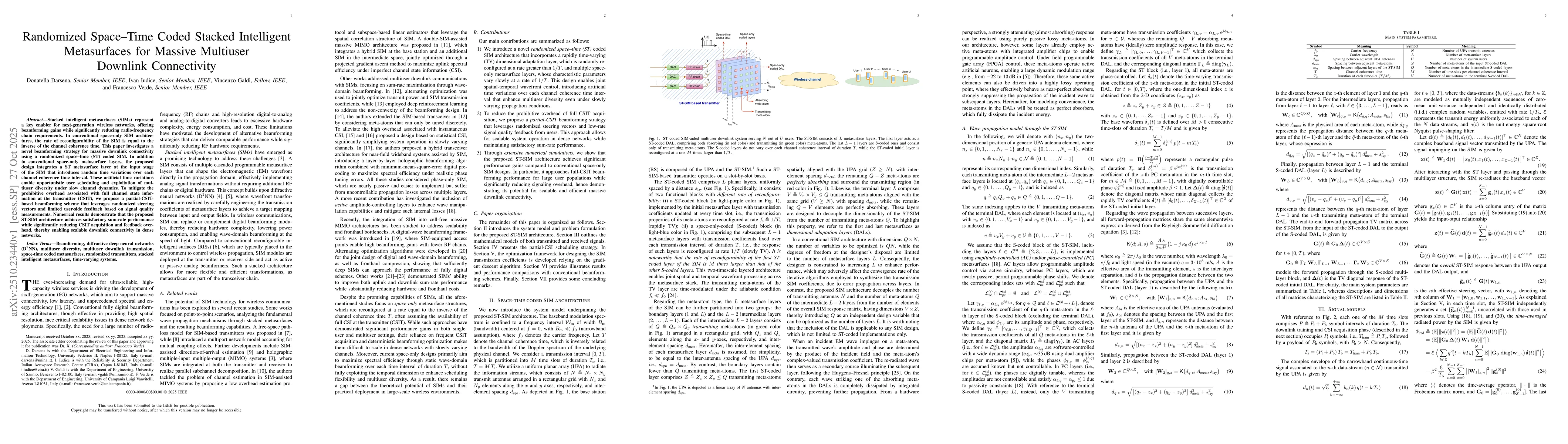 Thumbnail for Randomized Space-Time Coded Stacked Intelligent Metasurfaces for Massive
  Multiuser Downlink Connectivity