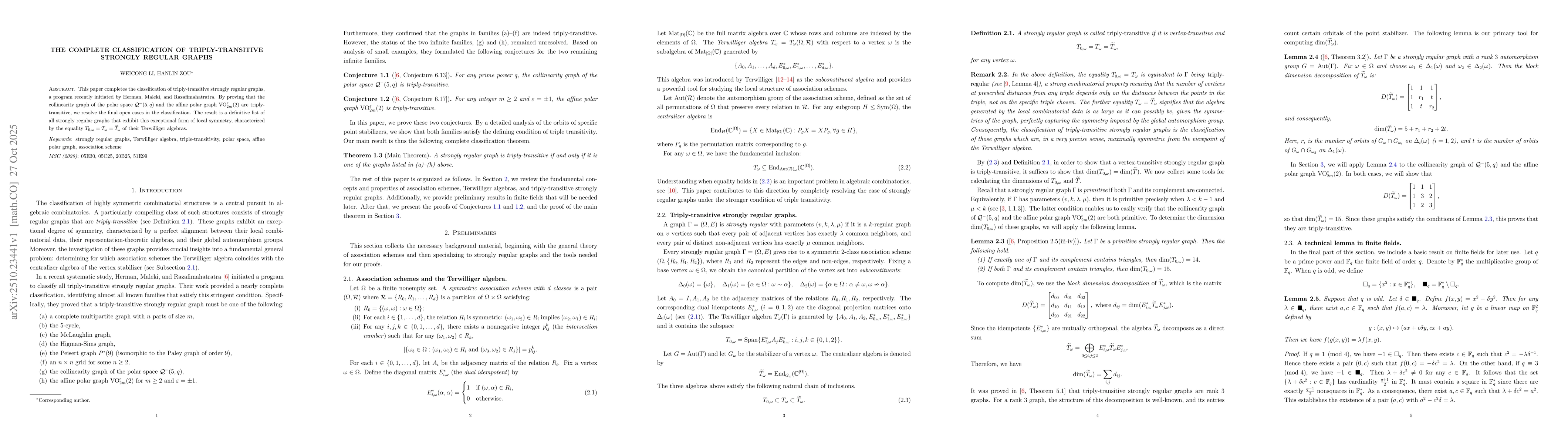 Thumbnail for The complete classification of triply-transitive strongly regular graphs