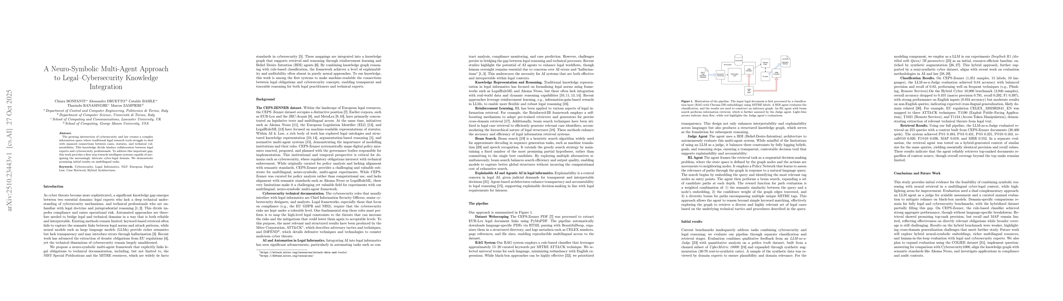 Thumbnail for A Neuro-Symbolic Multi-Agent Approach to Legal-Cybersecurity Knowledge
  Integration