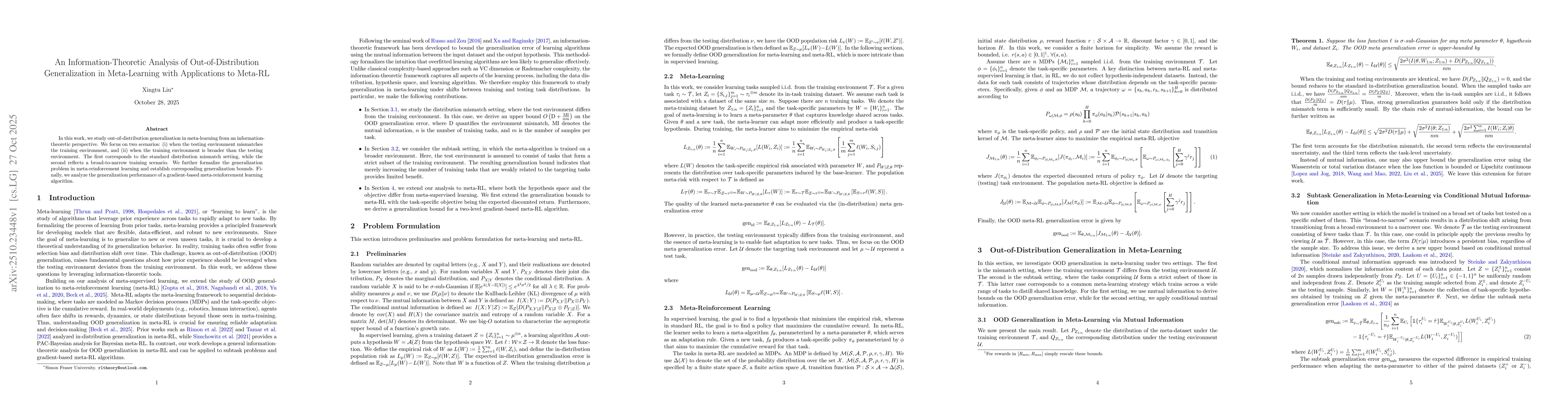 Thumbnail for An Information-Theoretic Analysis of Out-of-Distribution Generalization
  in Meta-Learning with Applications to Meta-RL