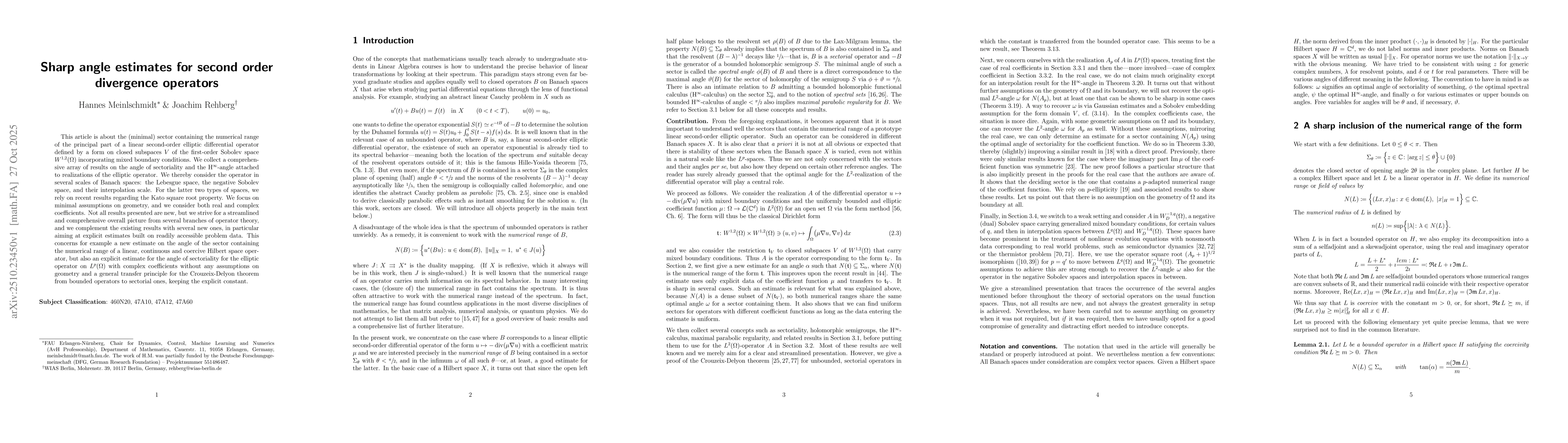 Thumbnail for Sharp angle estimates for second order divergence operators