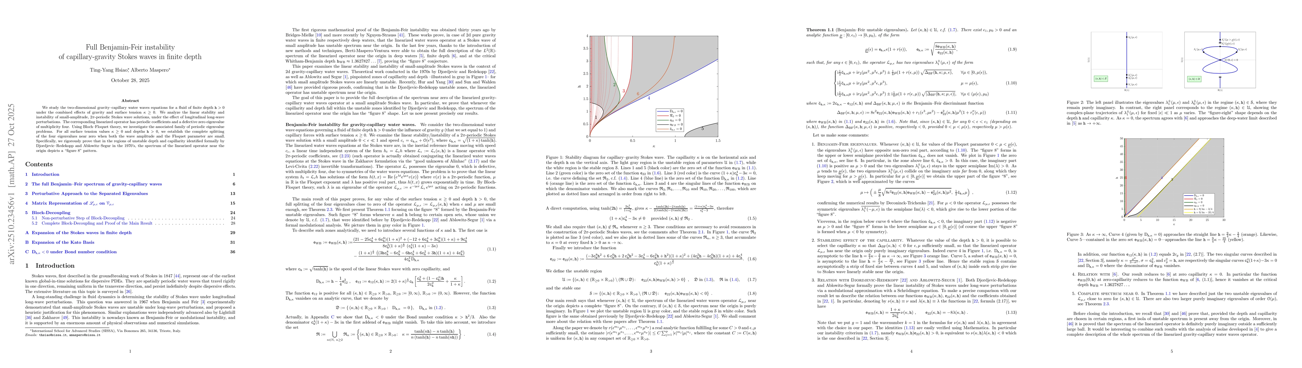 Thumbnail for Full Benjamin-Feir instability of capillary-gravity Stokes waves in
  finite depth
