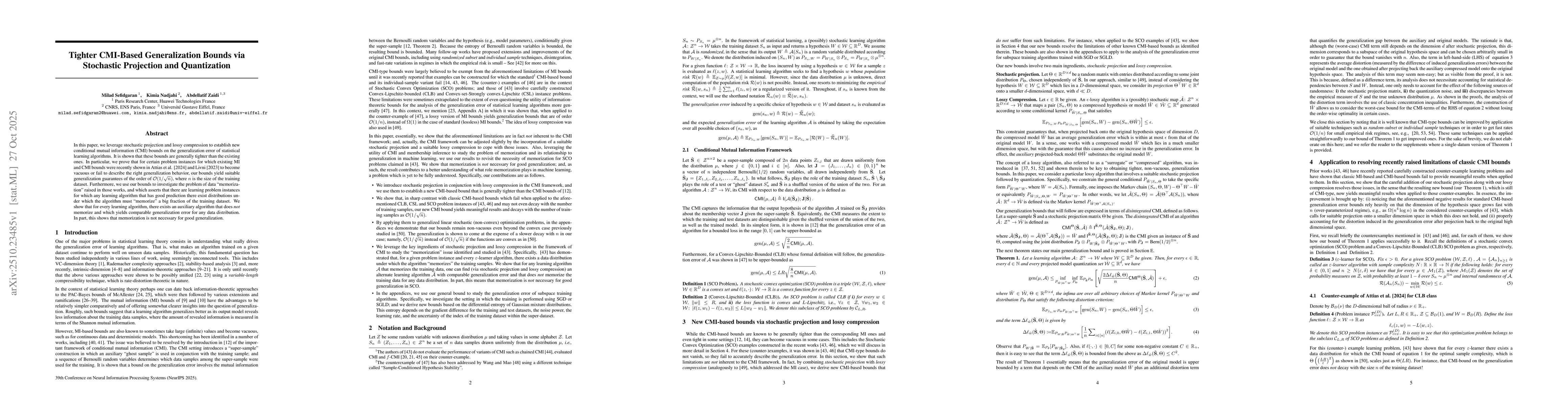 Thumbnail for Tighter CMI-Based Generalization Bounds via Stochastic Projection and
  Quantization
