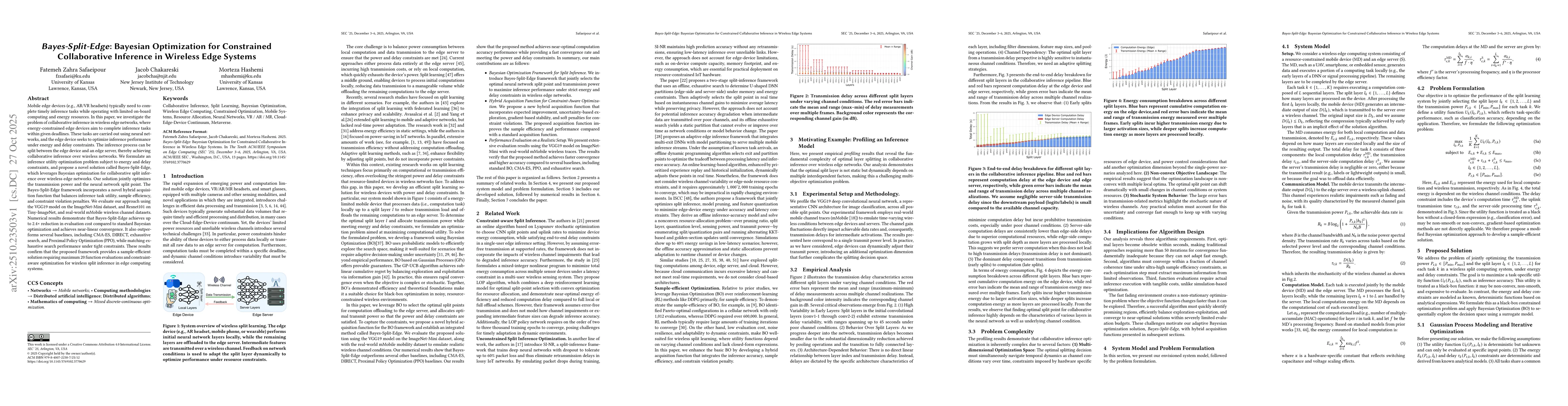 Thumbnail for Bayes-Split-Edge: Bayesian Optimization for Constrained Collaborative
  Inference in Wireless Edge Systems