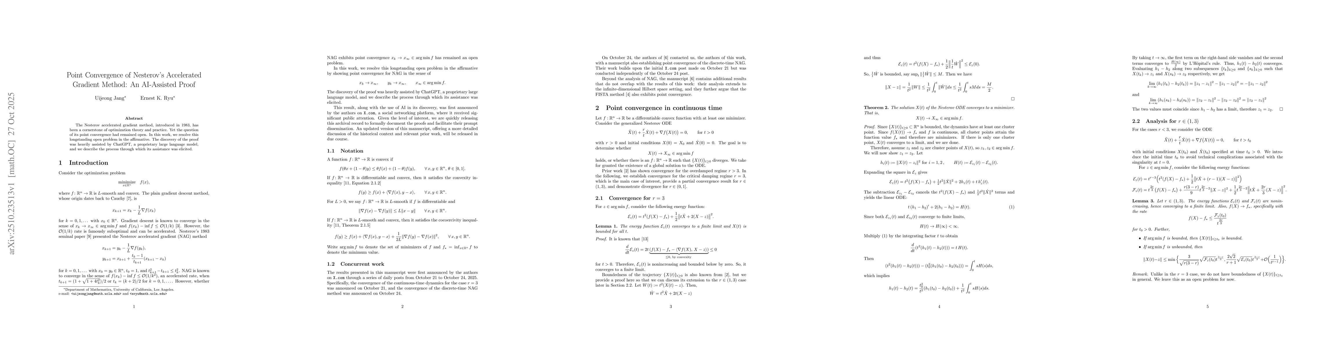 Thumbnail for Point Convergence of Nesterov's Accelerated Gradient Method: An
  AI-Assisted Proof