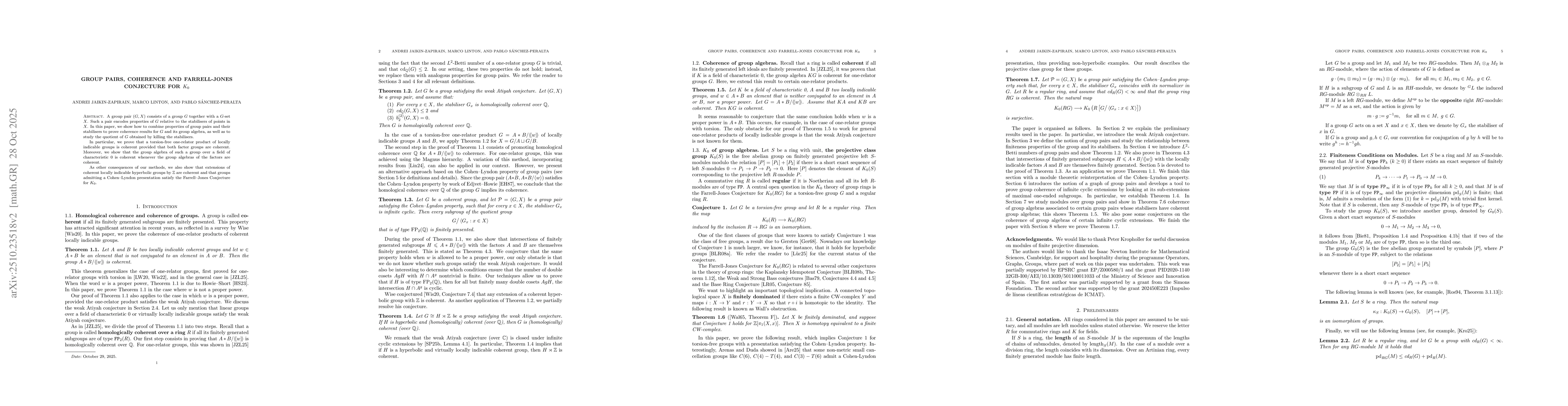 Thumbnail for Group pairs, coherence and Farrell--Jones Conjecture for $K_0$