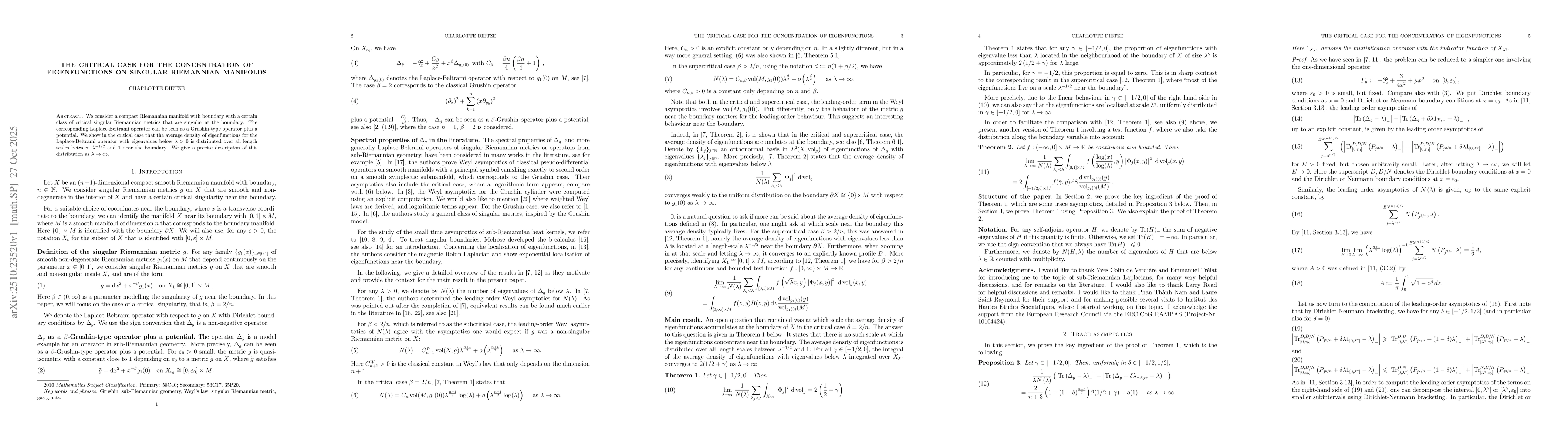 Thumbnail for The critical case for the concentration of eigenfunctions on singular
  Riemannian manifolds