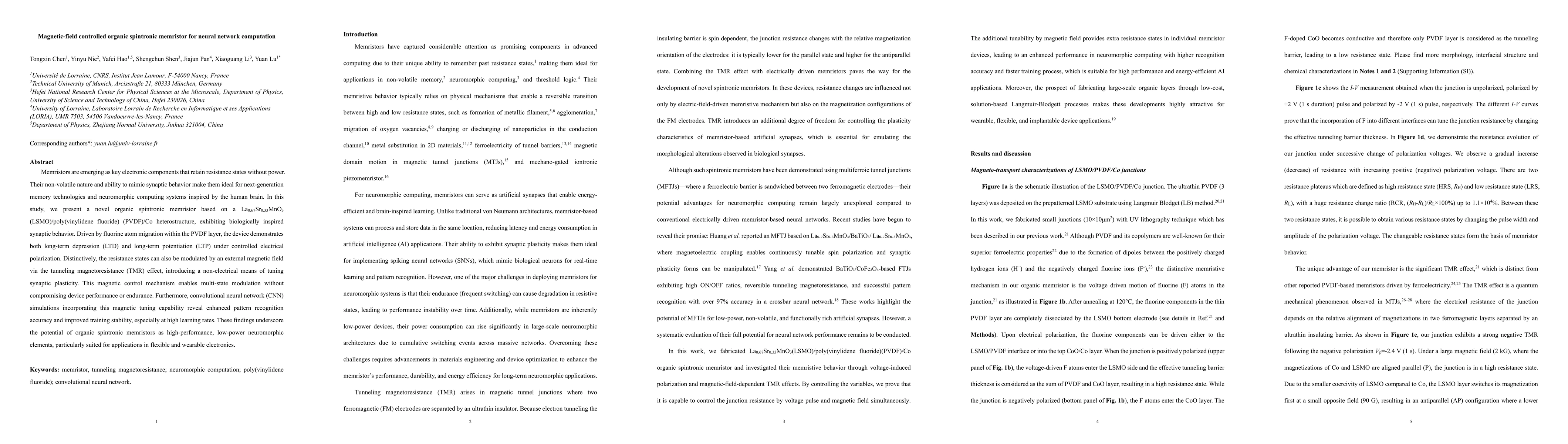 Thumbnail for Magnetic-field controlled organic spintronic memristor for neural
  network computation