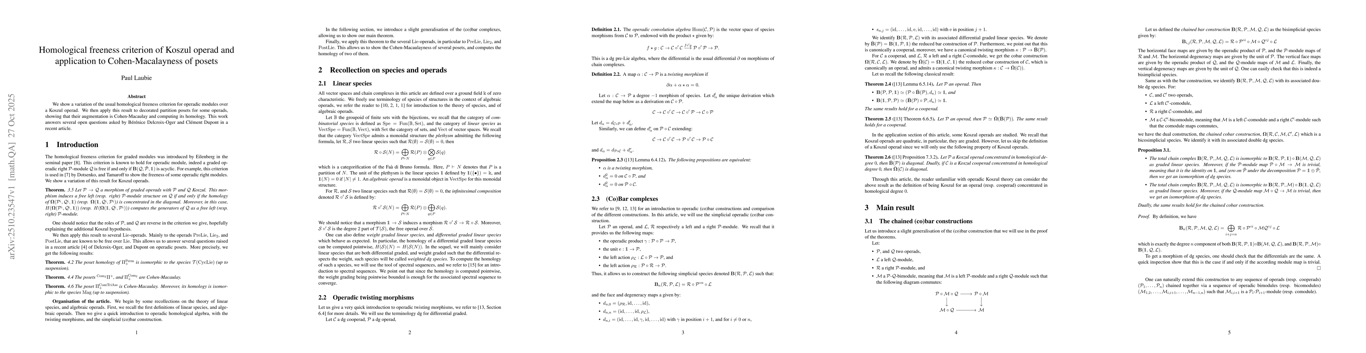 Thumbnail for Homological freeness criterion for operadic modules and application to
  Cohen-Macalayness of posets