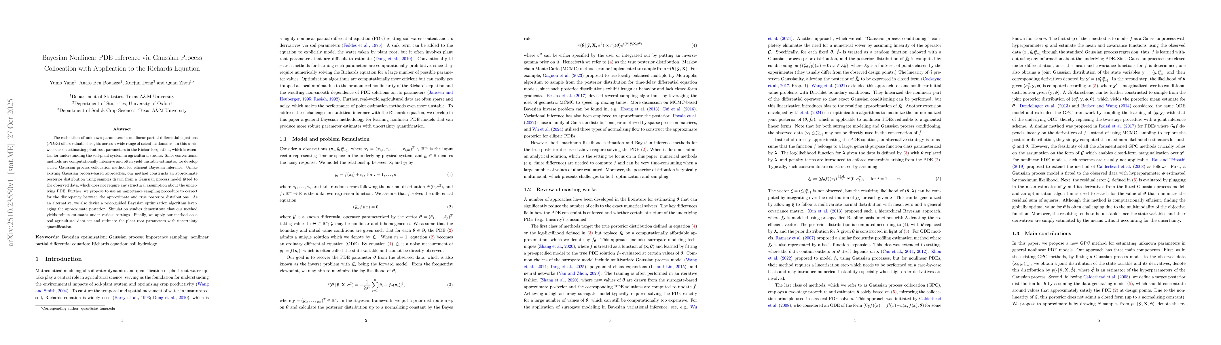 Thumbnail for Bayesian Nonlinear PDE Inference via Gaussian Process Collocation with
  Application to the Richards Equation