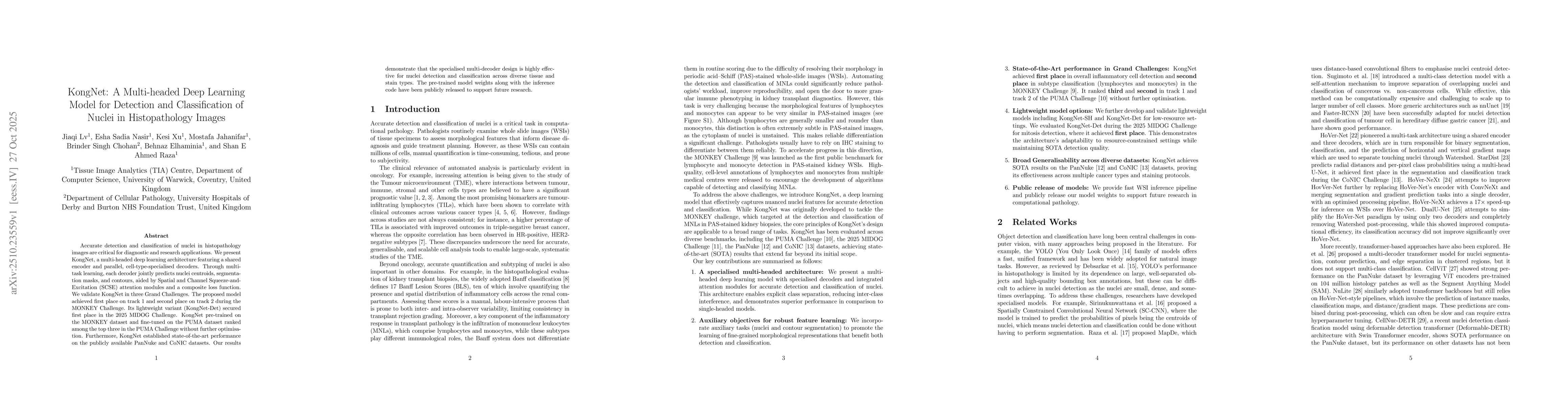 Thumbnail for KongNet: A Multi-headed Deep Learning Model for Detection and
  Classification of Nuclei in Histopathology Images