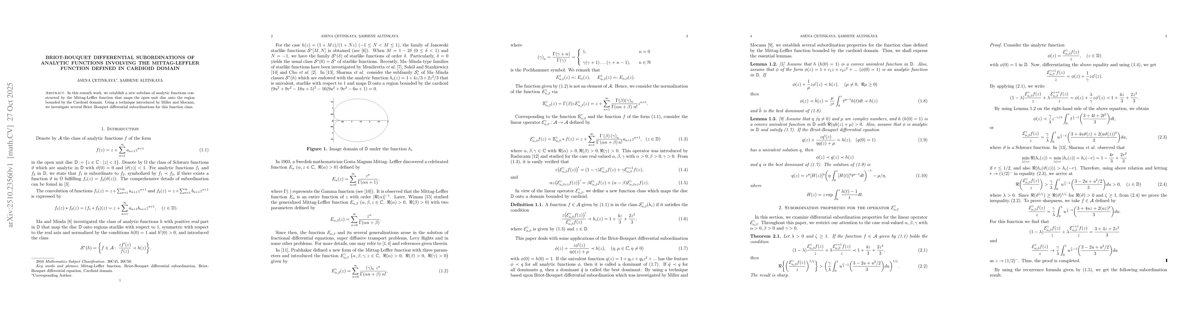 Thumbnail for Briot-Bouquet differential subordinations of analytic functions
  involving the Mittag-Leffler function defined in Cardioid domain