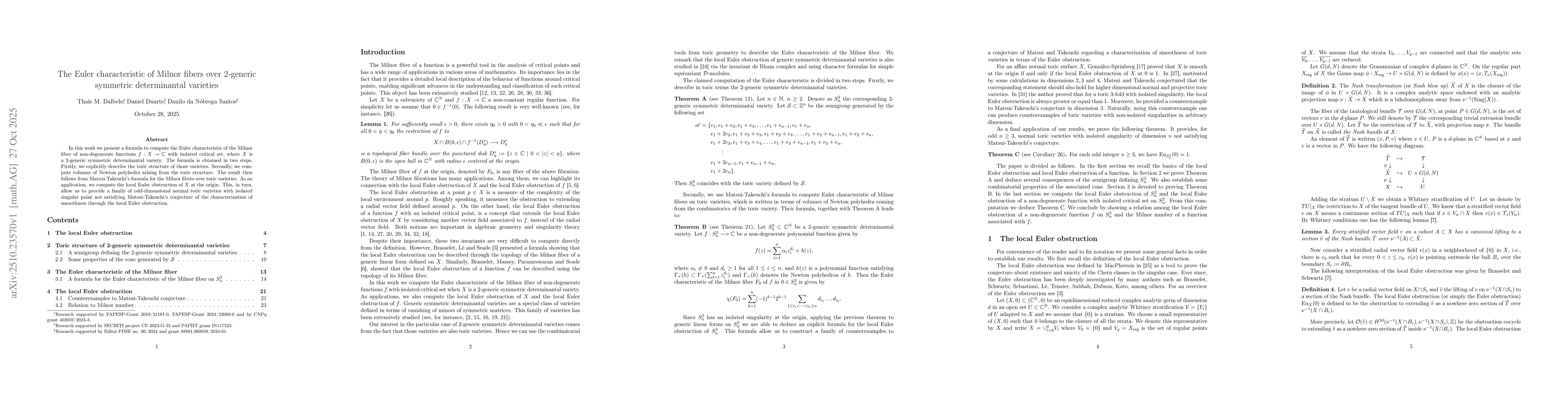 Thumbnail for The Euler characteristic of Milnor fibers over 2-generic symmetric
  determinantal varieties