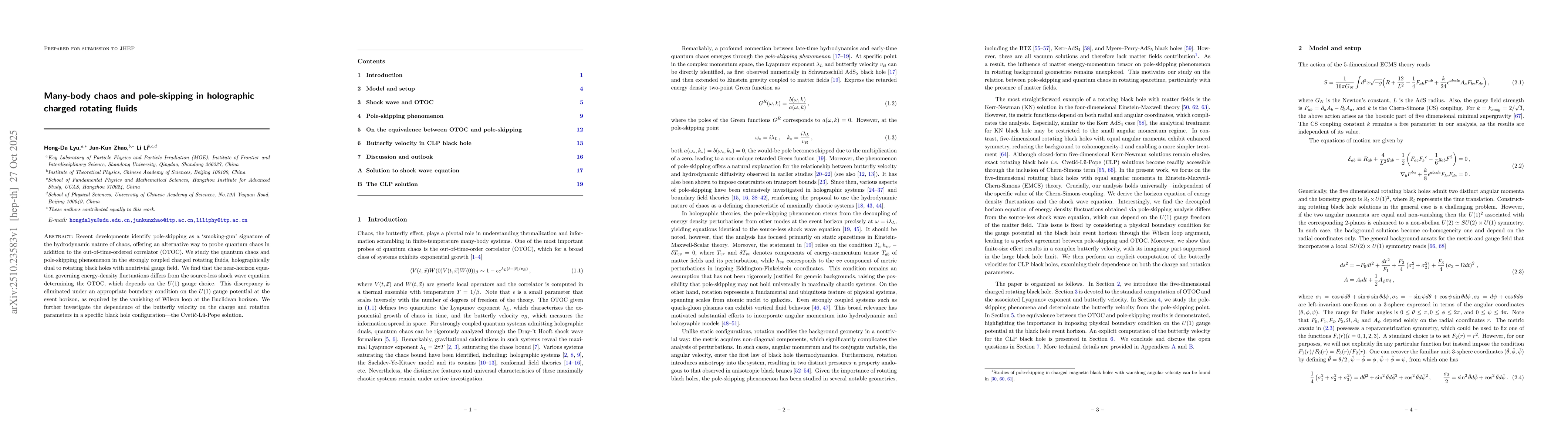 Thumbnail for Many-body chaos and pole-skipping in holographic charged rotating fluids