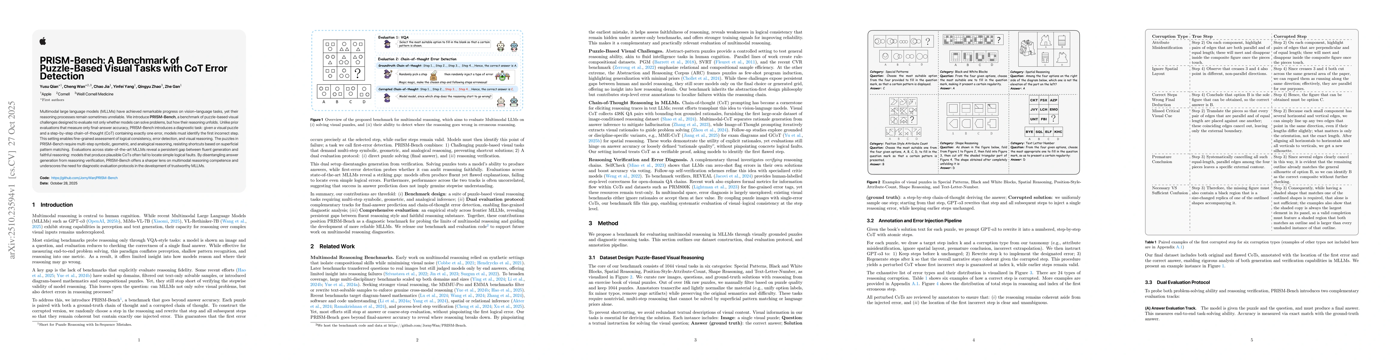 Thumbnail for PRISM-Bench: A Benchmark of Puzzle-Based Visual Tasks with CoT Error Detection