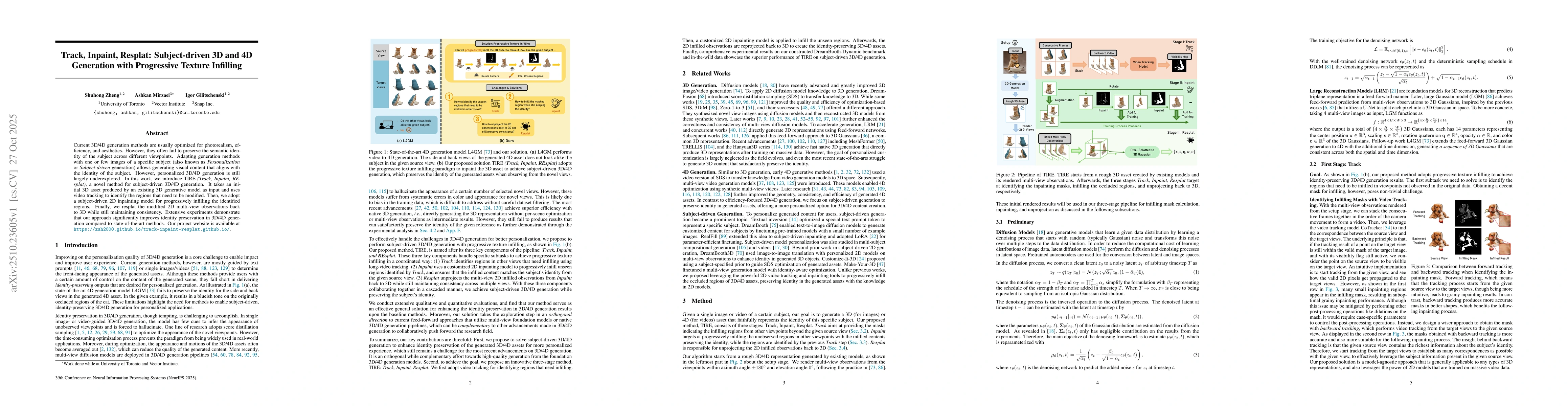 Thumbnail for Track, Inpaint, Resplat: Subject-driven 3D and 4D Generation with
  Progressive Texture Infilling