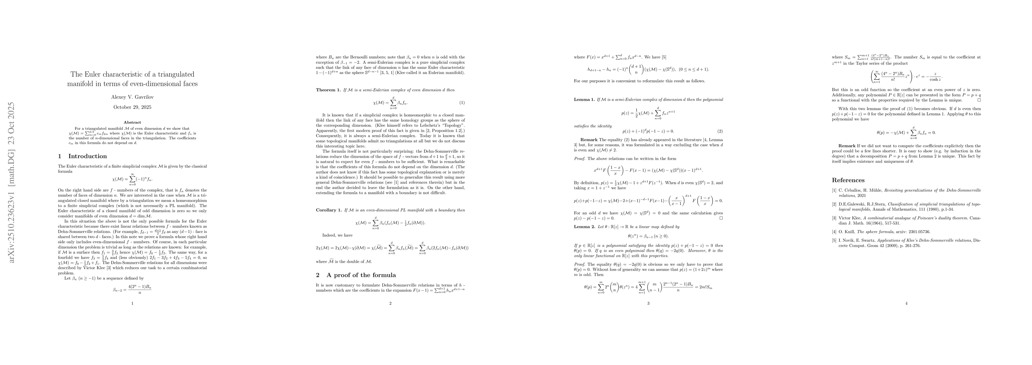 Thumbnail for The Euler characteristic of a triangulated manifold in terms of
  even-dimensional faces