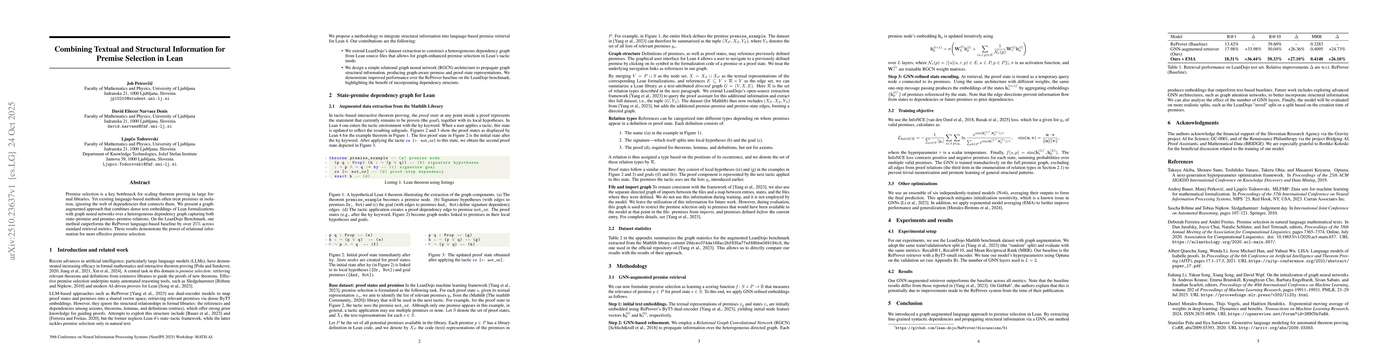 Thumbnail for Combining Textual and Structural Information for Premise Selection in
  Lean