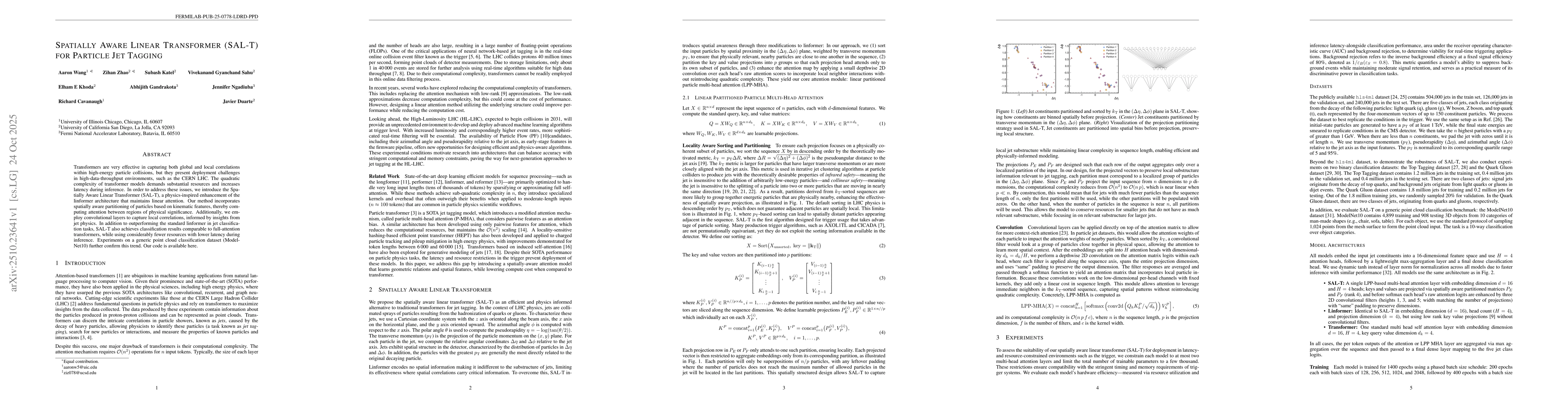 Thumbnail for Spatially Aware Linear Transformer (SAL-T) for Particle Jet Tagging