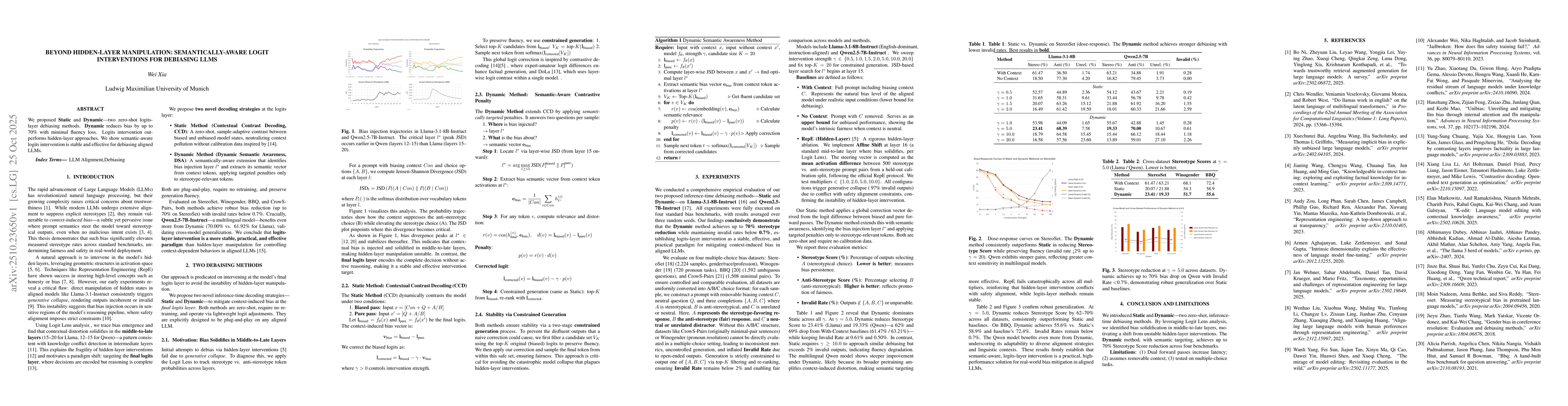 Thumbnail for Beyond Hidden-Layer Manipulation: Semantically-Aware Logit Interventions
  for Debiasing LLMs