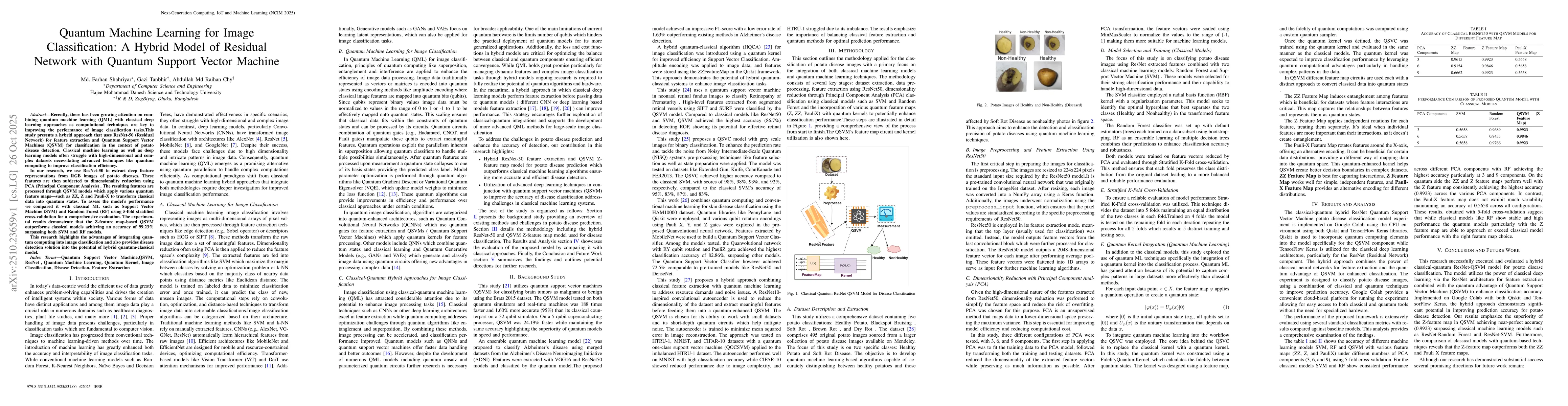 Thumbnail for Quantum Machine Learning for Image Classification: A Hybrid Model of
  Residual Network with Quantum Support Vector Machine