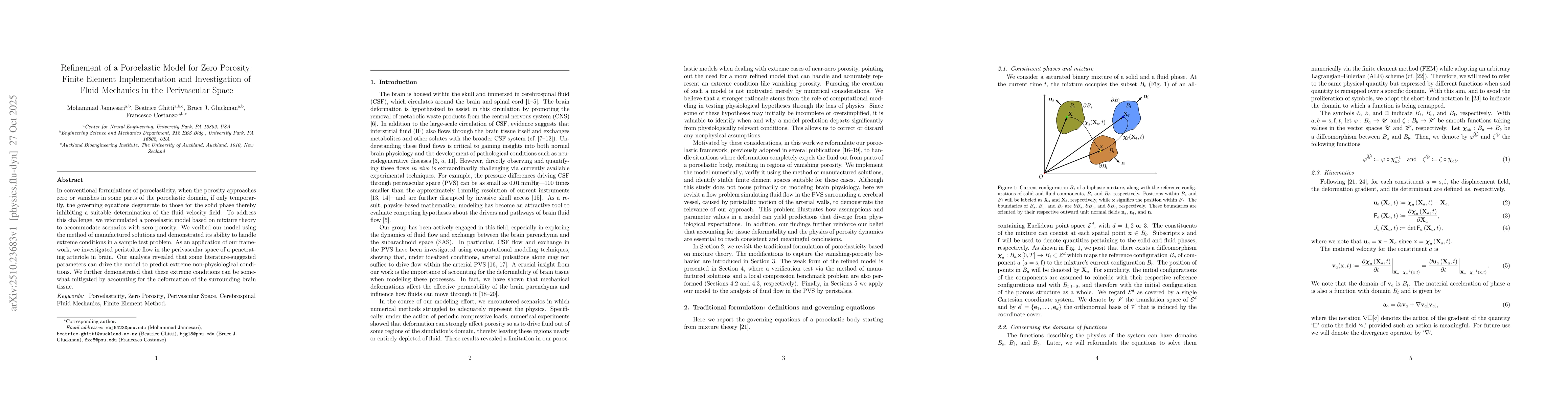 Thumbnail for Refinement of a Poroelastic Model for Zero Porosity: Finite Element
  Implementation and Investigation of Fluid Mechanics in the Perivascular Space