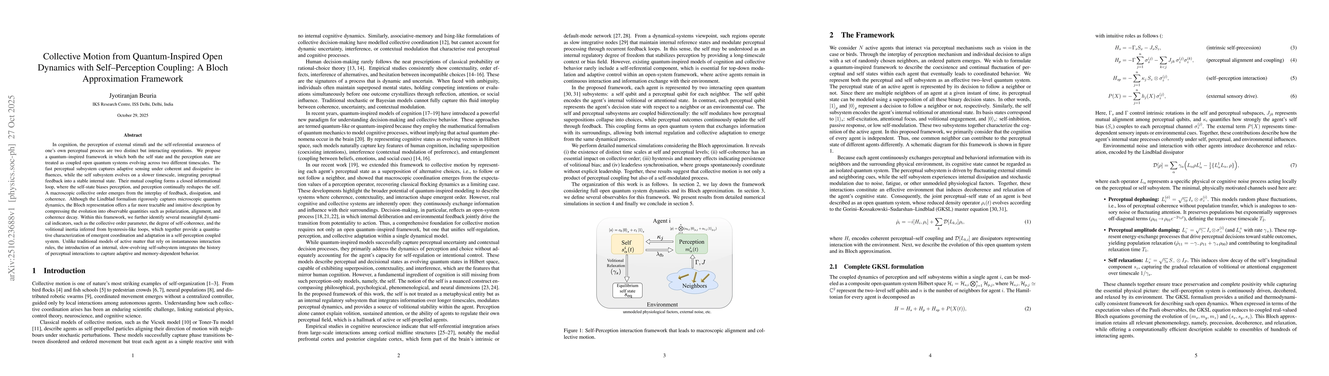 Thumbnail for Collective Motion from Quantum-Inspired Open Dynamics with
  Self-Perception Coupling: A Bloch Approximation Framework