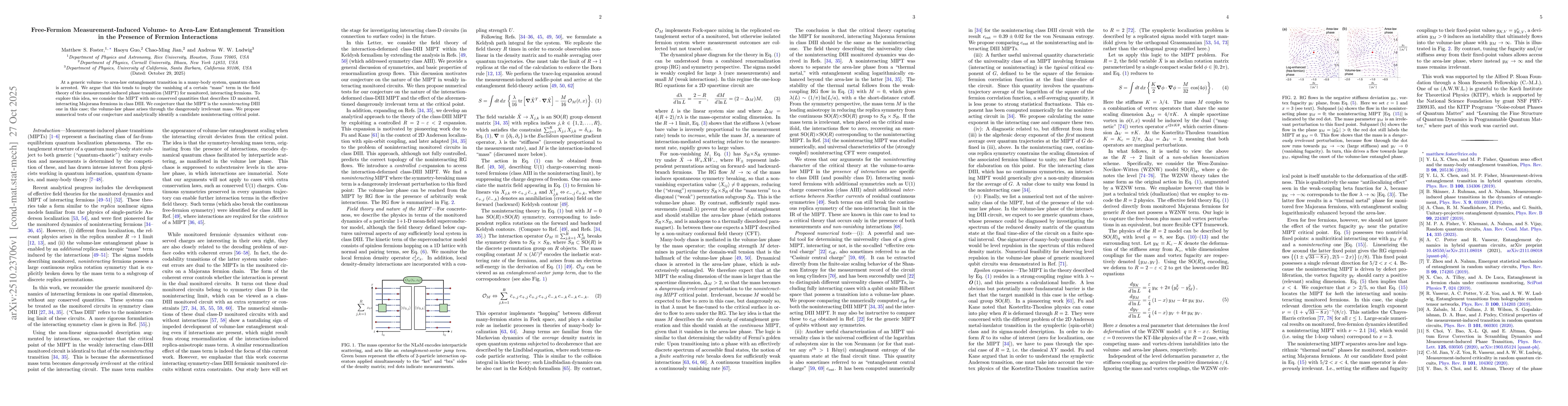 Thumbnail for Free-Fermion Measurement-Induced Volume- to Area-Law Entanglement
  Transition in the Presence of Fermion Interactions