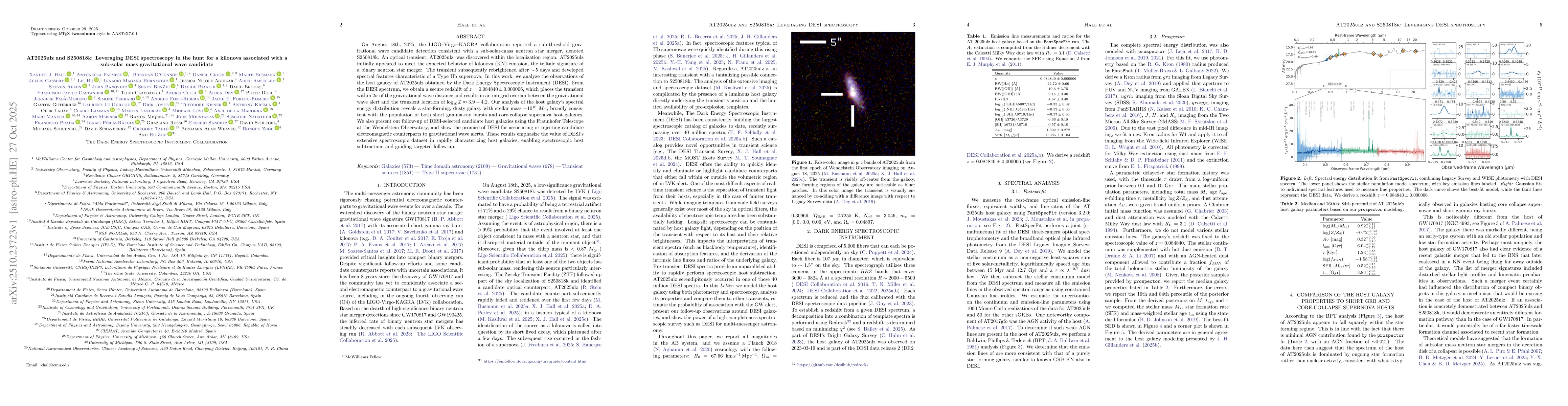 Thumbnail for AT2025ulz and S250818k: Leveraging DESI spectroscopy in the hunt for a
  kilonova associated with a sub-solar mass gravitational wave candidate